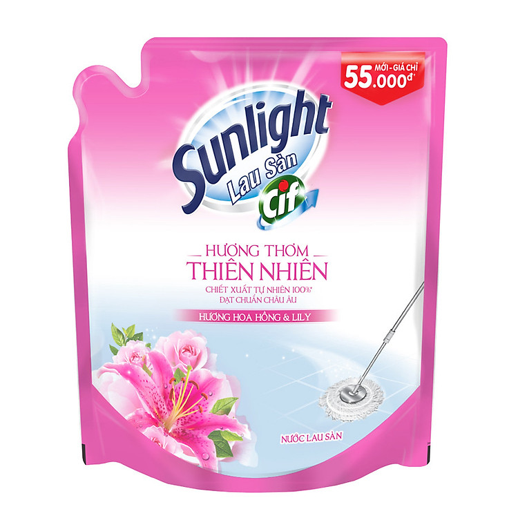 Nước Lau Sàn Sunlight Thiên Nhiên Hương Hoa Hồng Và Lily Túi (2.6L)