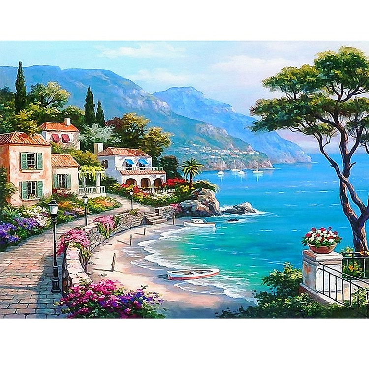 Tranh sơn dầu số hoá tự tô có khung đã căn 40x50 cm - Phố biển