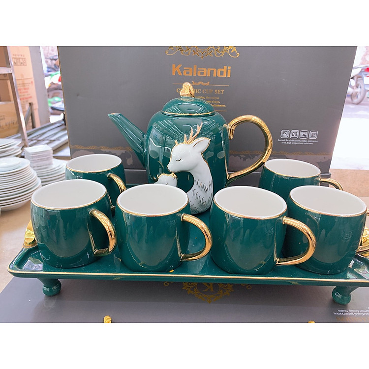 Bộ ấm chén kèm khay sứ có chân pha trà cà phê màu xanh cổ vịt họa tiết mẹ con Hươu trắng mang phong cách Câu Âu sang trọng - ANTH38