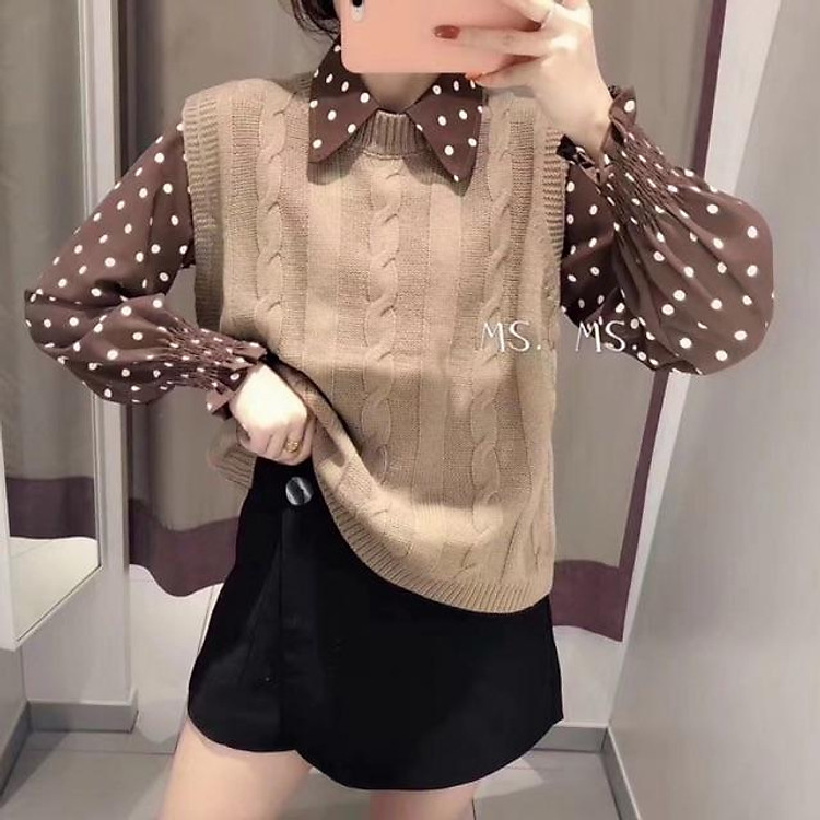 Set gile len + áo sơ mi chấm bi hàng QC xinh