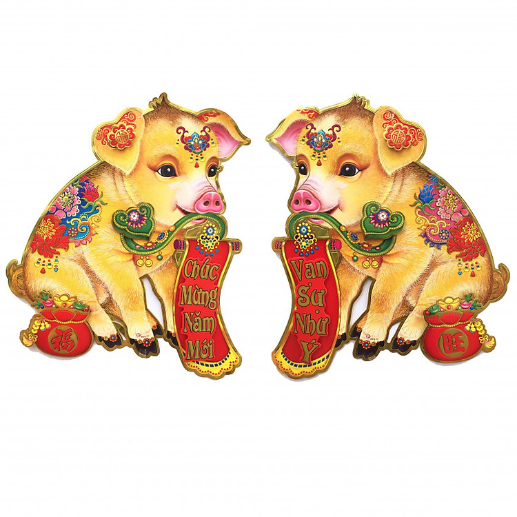 Cặp tranh 3D heo vàng dán tường - kính trang trí Tết