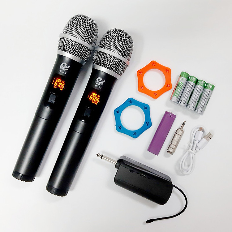 Bộ 2 Micro Không Dây Karaoke Cực Hay MU02 Màu Xám, Kết Nối Với Loa Kéo, Amply Bằng Cổng MIC 6. Chính Hãng