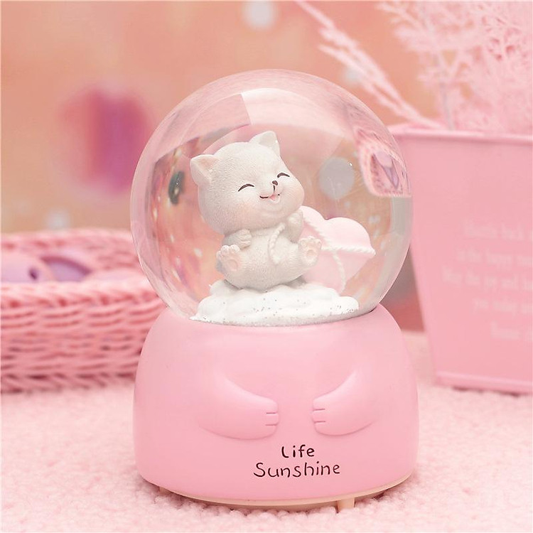 Hộp Nhạc Quả Cầu Tuyết Mèo Ôm Tim Và Ôm Len