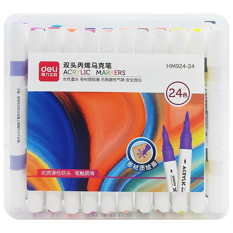 Hộp 24 Bút Màu Acrylic 2 Đầu Deli HM924