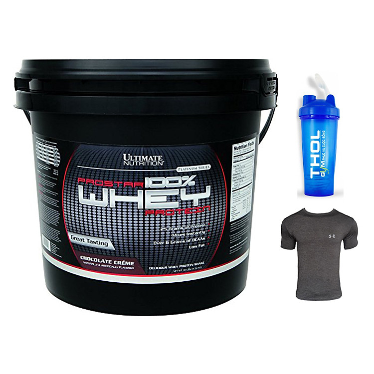 Combo Thực phẩm bổ sung Sữa tăng cơ Prostar 100% Whey Protein của Ultimate Nutrition hương Chocolate thùng 151 lần dùng + Bình lắc 600ml (Màu Ngẫu Nhiên) + Áo tập Gym size L