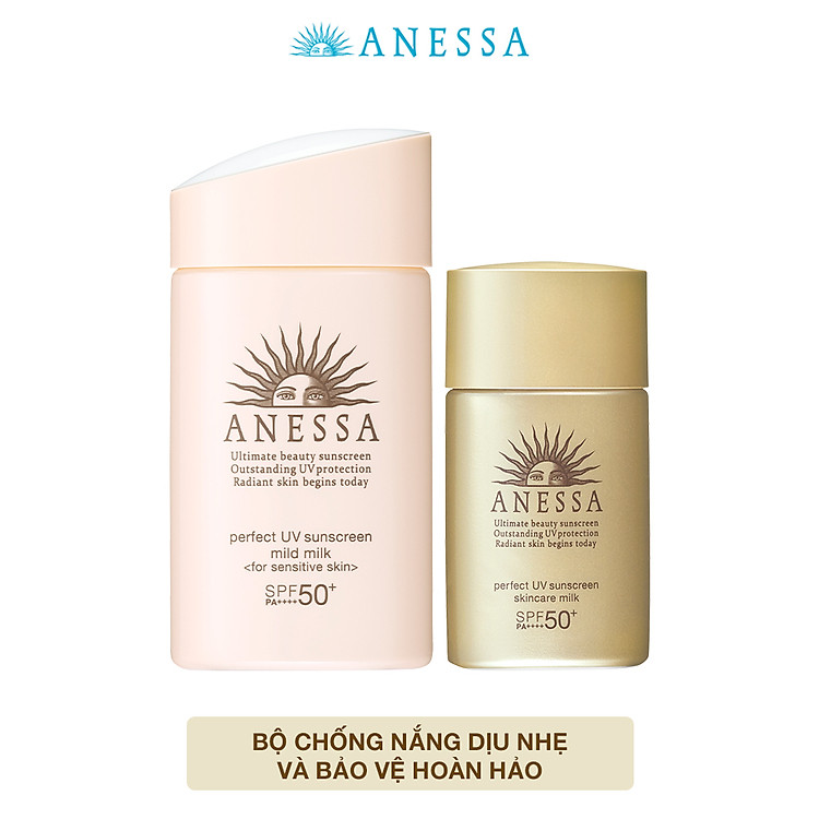 Bộ đôi Kem chống nắng dưỡng da dạng sữa dịu nhẹ cho da nhạy cảm & trẻ em SPF 50+ 60ml + Kem chống nắng dưỡng da dạng sữa bảo vệ hoàn hảo Anessa Perfect UV Sunscreen Skincare Milk SPF 50+ PA++++ 20ml