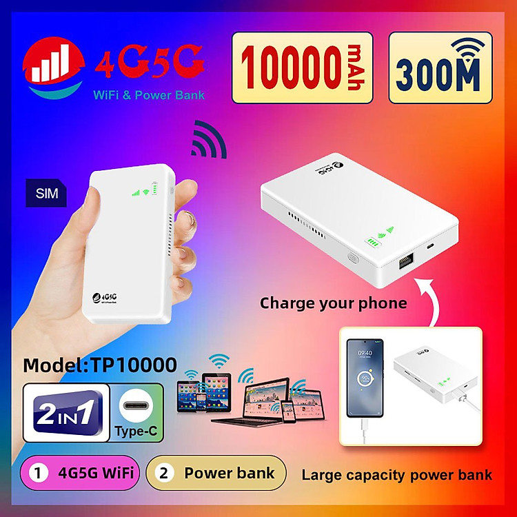 Cục phát wifi từ sim 4G 5G kèm pin 10.000mA TP10000 phát liên tục 24 tiếng, tốc độ cao 300Mbps kết nối cho 10 thiết bị vô cùng tiện lợi - hàng nhập khẩu