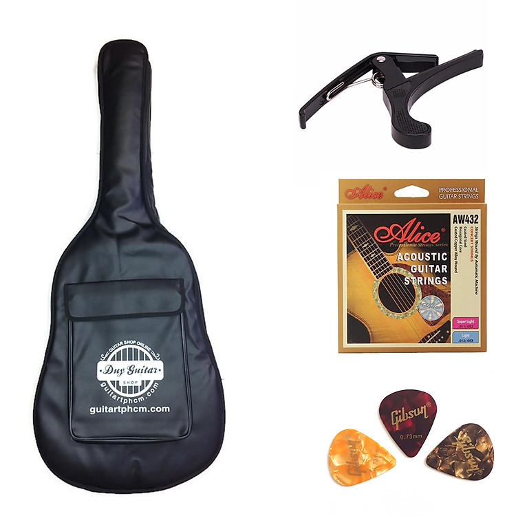 Bộ phụ kiện đàn guitar acoustic bao da 3 lớp - Capo - 3 phím - Dây alice AW432