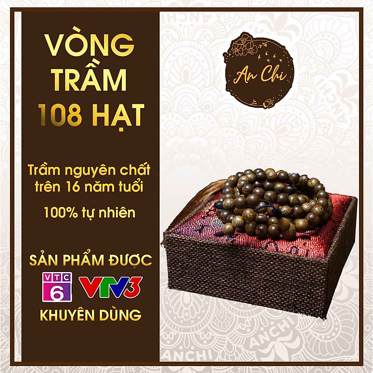 Vòng tay Trầm hương An Chi, Chuỗi 108 Hạt Trầm Tốc, dùng trong niệm Phật, Phong Thủy