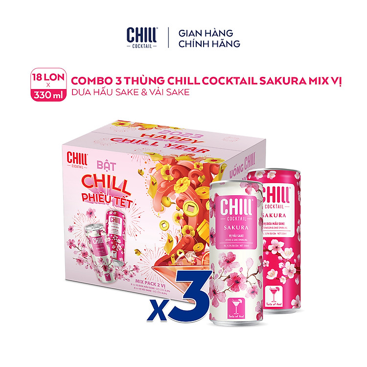 Combo 3 Thùng 6 lon Chill Cocktail Sakura mix vị Vải Sake & Dưa Hấu Sake (18 lon x 330ml/lon)