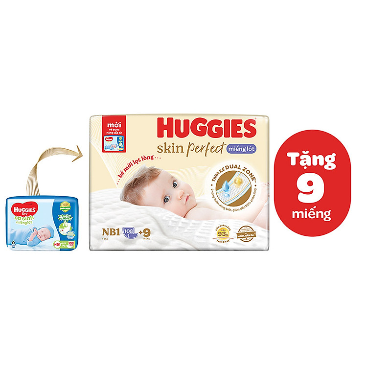 Miếng lót sơ sinh Huggies Skin Perfect NB1 108+6 miếng với 2 vùng thấm giảm kích ứng da