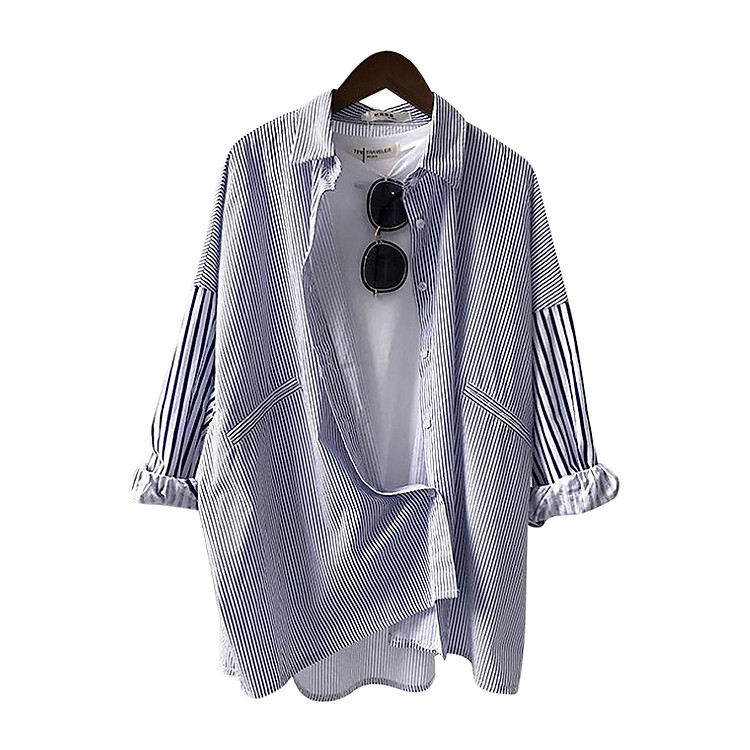 Áo Sơ Mi Nữ Form Rộng Dáng Dài Phối Kẻ Sọc