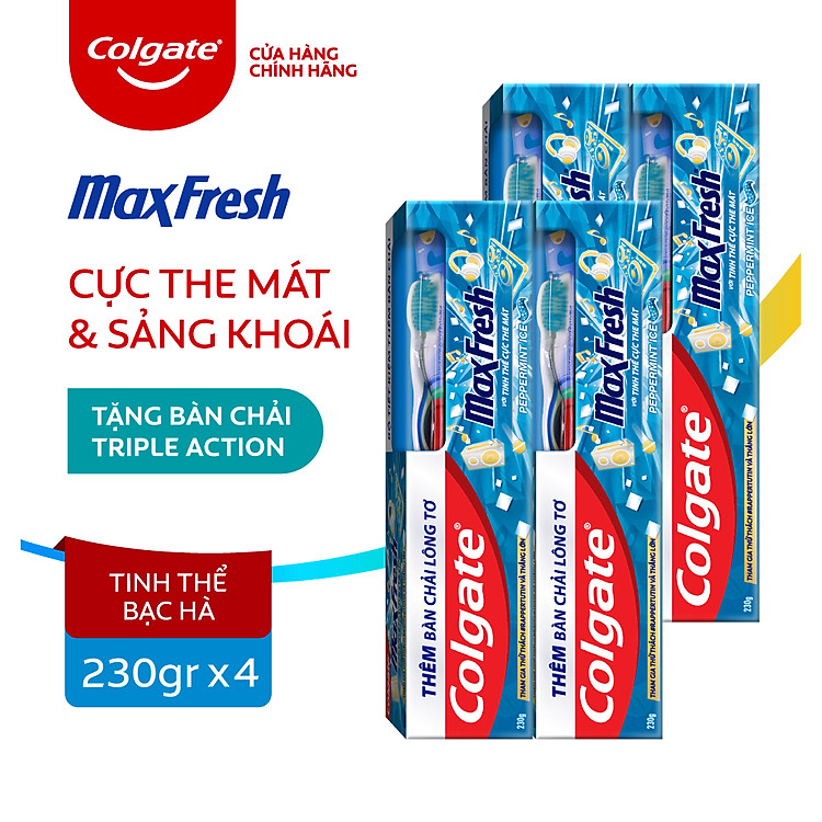 Bộ 4 Kem đánh răng Colgate bạc hà the mát Maxfresh 225g/tuýp tặng bàn chải đánh răng lông mềm