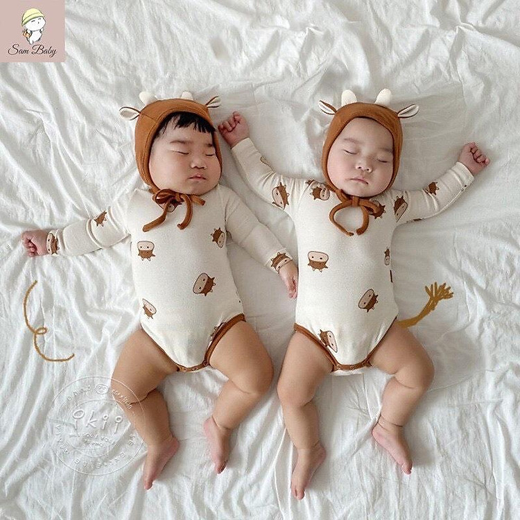 Body bò sữa dài tay + kèm mũ cho bé - bộ áo liền quần - set body chip dài tay - bộ đồ hình con bò sữa - áo quần trẻ em