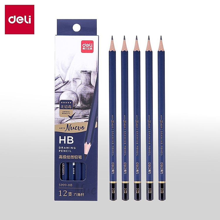 Hộp 12 cây bút chì phác thảo chuyên nghiệp Deli S999 độ cứng từ HB - 14B