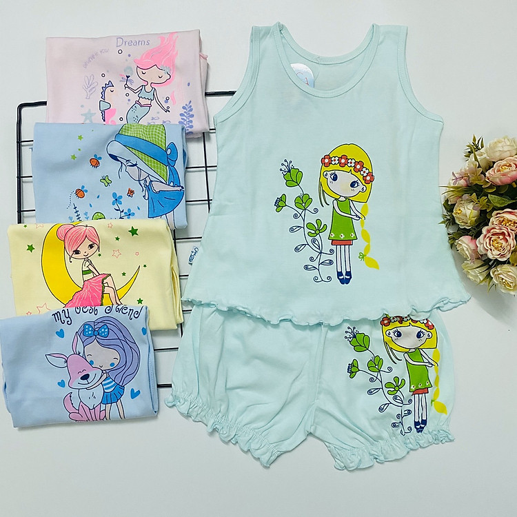 Combo 3 bộ đồ bộ bé gái cotton mùa hè mẫu áo bèo, quần nhún màu nhạt siêu xinh J-TomTomBaby