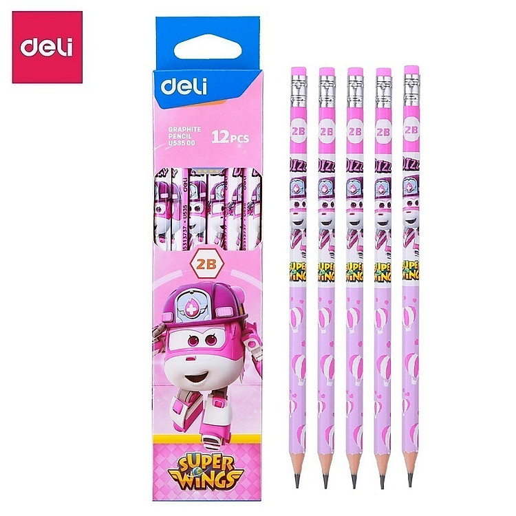 Hộp 12 cây bút chì đội bay siêu đẳng Superwings 2B Deli U535 kèm đầu tẩy Deli 53500