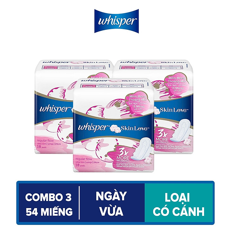 Combo 3 Băng Vệ Sinh Whisper SkinLove Siêu Mỏng Có Cánh Ngày Vừa 24cm (Gói 18 Miếng)