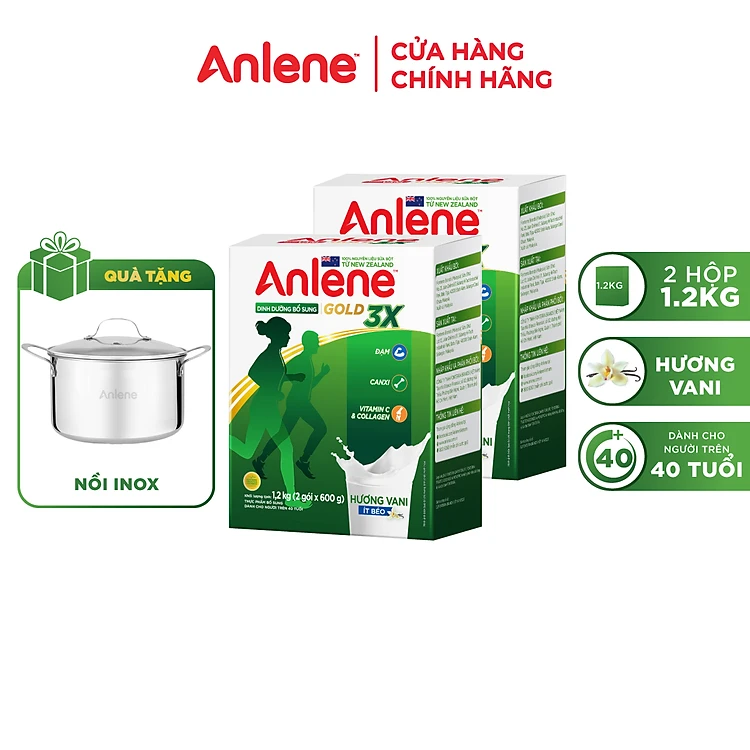 Combo 2 Sữa Bột Anlene Gold 3X Hương Vanilla (Hộp giấy 1200g) - Tặng nồi lẩu inox