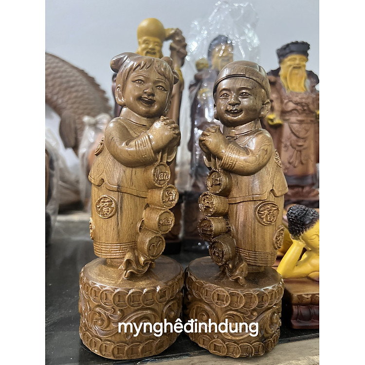 Cặp tiểu đồng chúc phúc bằng gỗ bách xanh (20x8x8cm)