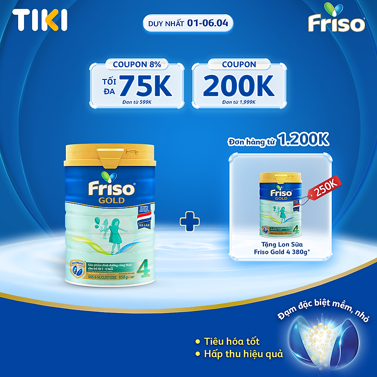 Tham Khảo tại ConCung: Sữa Bột Friso Gold 4 850g Tiki , nhận ngay nhiều Ưu đãi