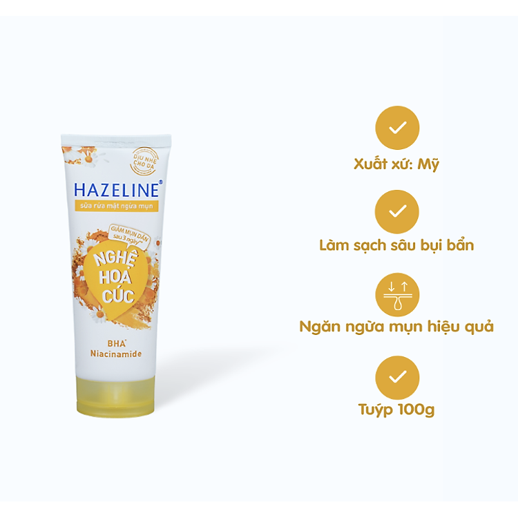 Sữa Rửa Mặt HAZELINE Giúp Giảm Mụn Nghệ Hoa Cúc (Tuýp 100g)
