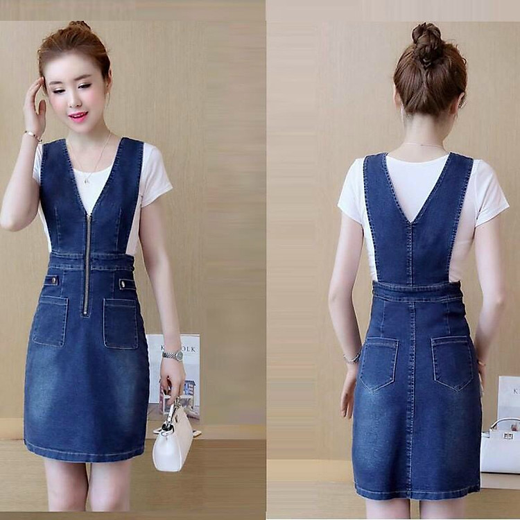 Đầm Jean Yếm Cutout Eo Phối Dây Kéo - TP1957