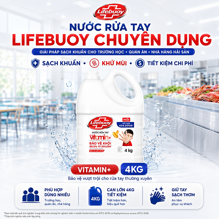 Nước Rửa Tay Lifebuoy Bảo Vệ Vượt Trội Chuyên Dụng, Can Lớn Cho Trường Học Quán Ăn Nhà Hàng Hải Sản 4kg