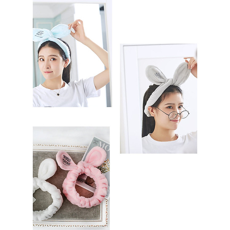 Băng đô tai thỏ vải nhung 3D, bờm giữ tóc vải nhung 3D