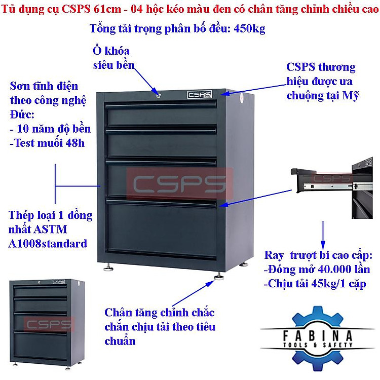 Tủ dụng cụ CSPS 61cm - 04 hộc kéo màu đen có chân tăng chỉnh - Hình ảnh 5