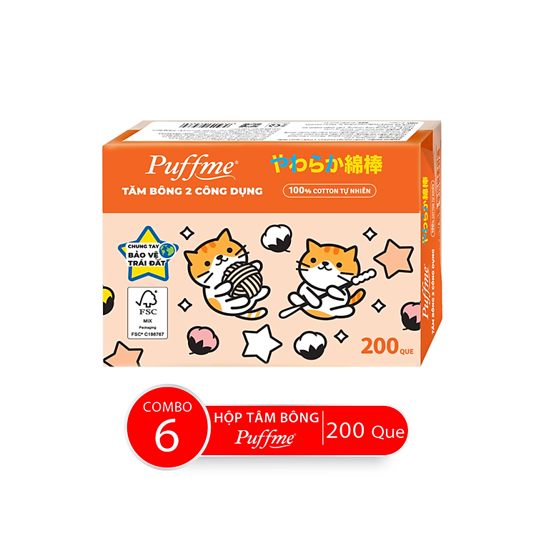 Hộp Tăm Bông 2 Công Dụng PUFFME, 200 Que/Hộp