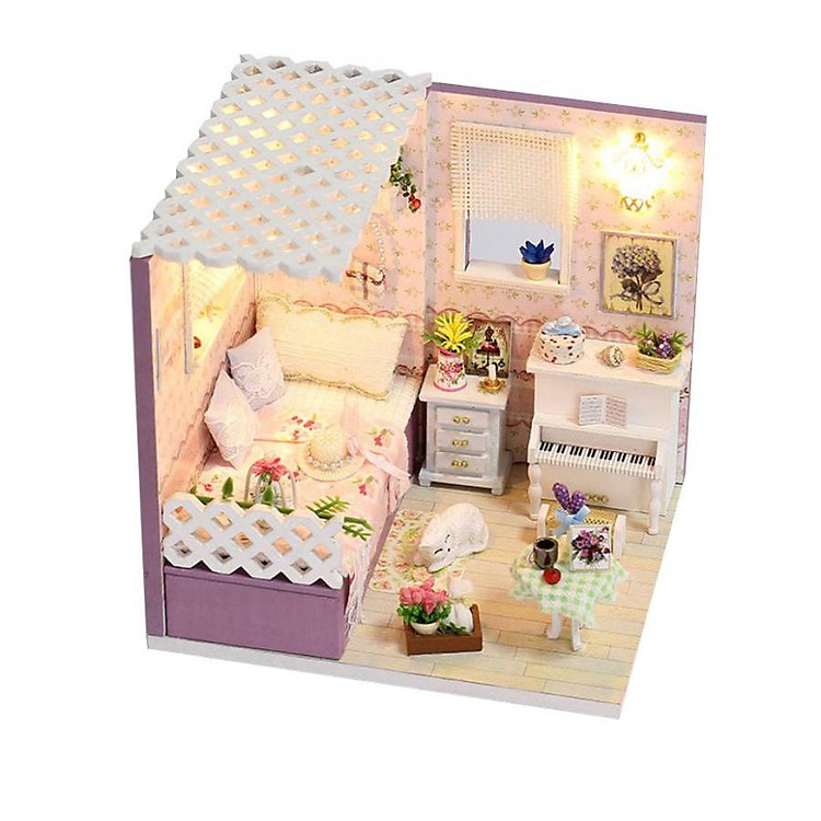 Nhà gỗ búp bê Cute Room - Góc phòng ngủ của cô nàng lãng mạn với mèo trắng và piano trắng tinh khôi