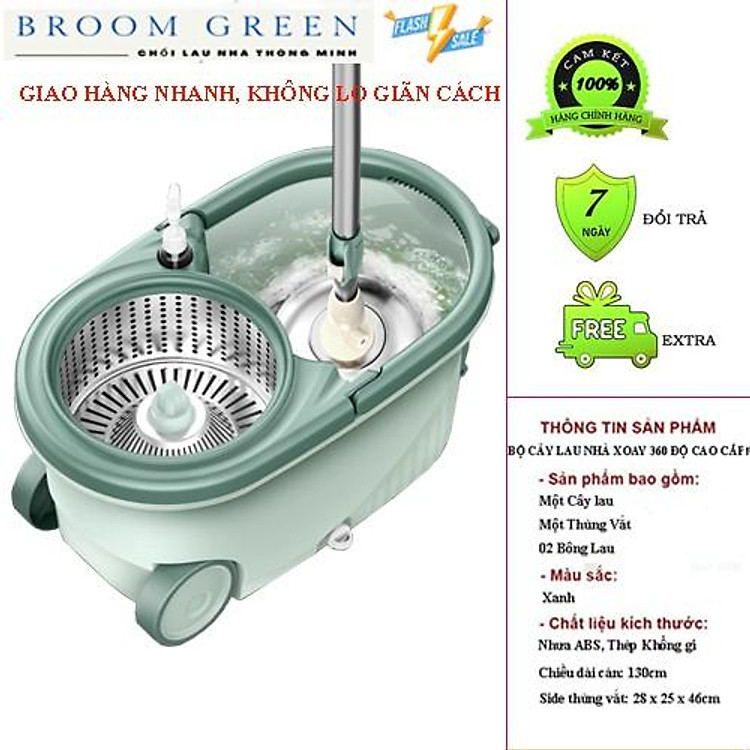 Bộ Chổi Lau Nhà Xoay 360 Độ Cao Cấp, Ổ Vắt Kep Phân Tách, Bánh Xe To, Cán và Mâm Inox Chắc Chắn - Broom Green PR05
