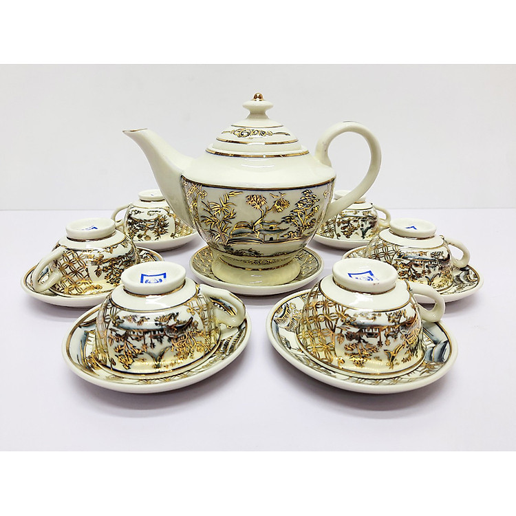 Bộ ấm trà đồng quê gốm Chu Đậu vẽ vàng kim