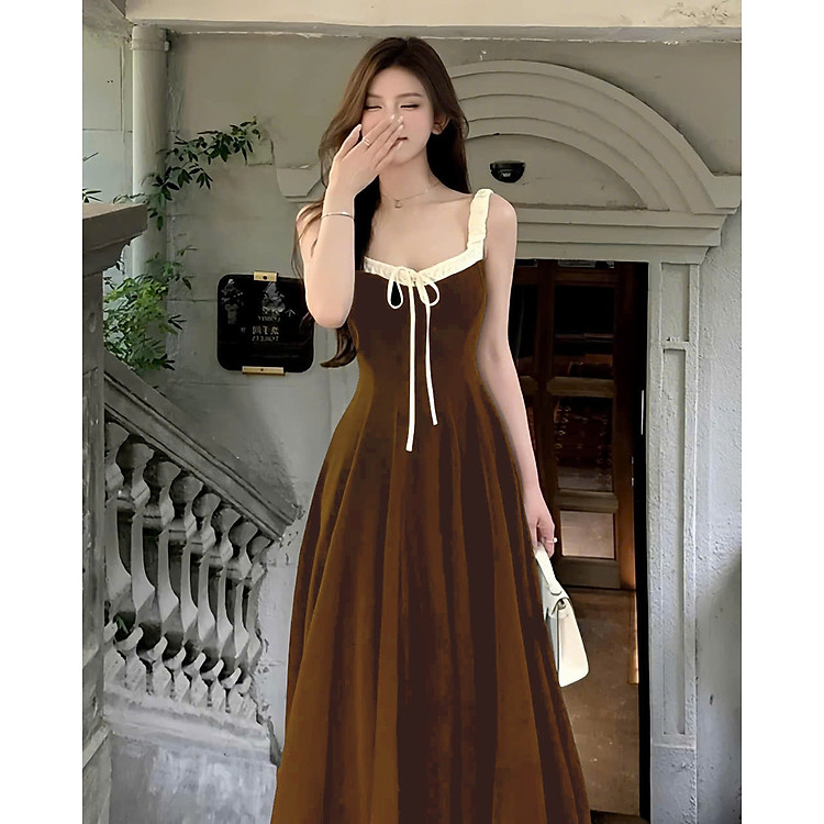 Đầm maxi cổ vuông thắt nơ phối viền sang trọng