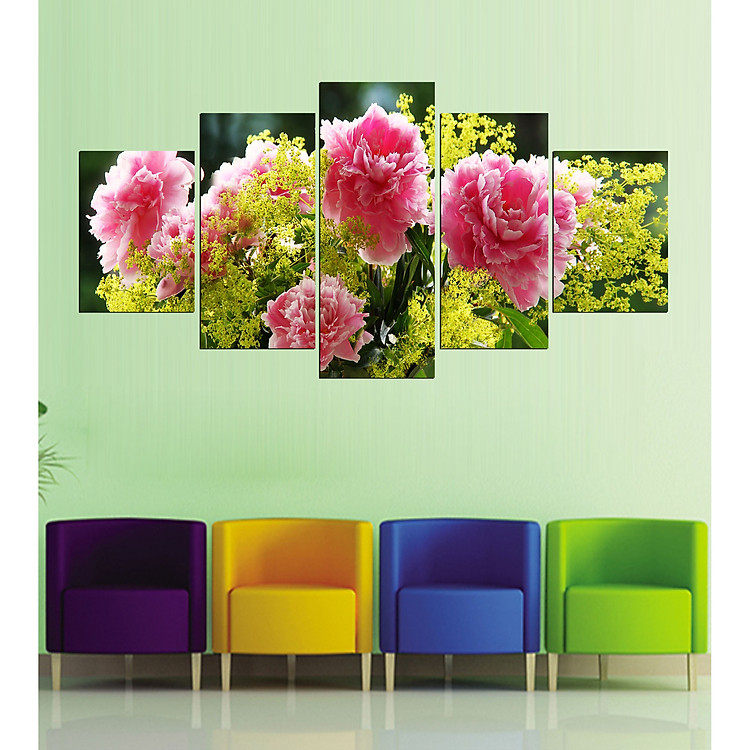 Tranh treo tường, tranh trang trí PP_ NT540 bộ 5 tấm ghép hoa mẫu đơn