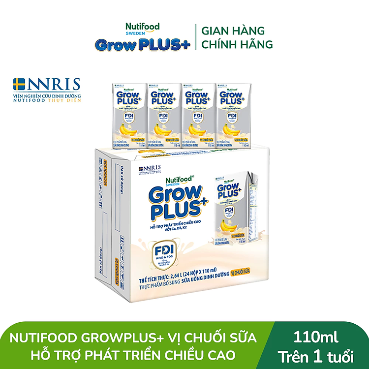 Thùng 24 hộp Sữa bột pha sẵn Nutifood Sweden GrowPLUS+ Vị Chuối Sữa hộp 110ml - Trên 1 tuổi (24 x 110ml)