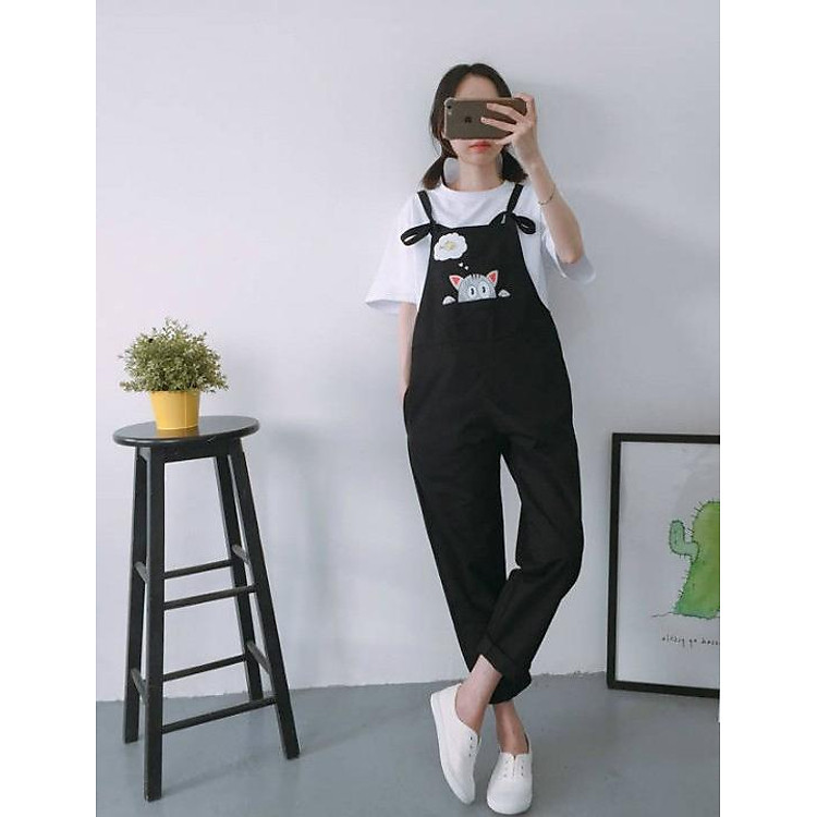 Quần yếm kaki thắt dây hình con mèo Mã: QD2122 - ĐEN