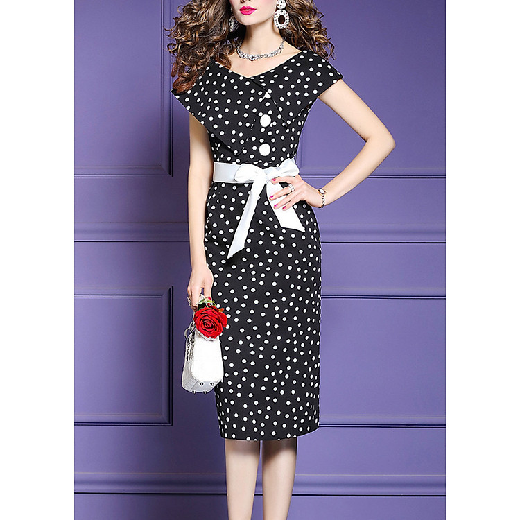 Đầm ôm dự tiệc kiểu đầm ôm chấm bi phối nút bọc ROMI 3058