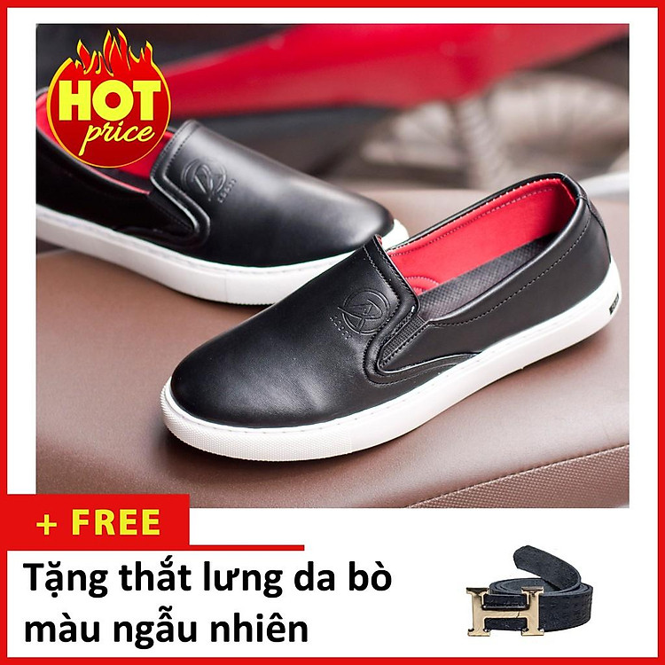 Giày Slip On Nam Aroti Đế Khâu Chắc Chắn Phong Cách Đơn Giản Màu Đen - M498-DEN(TL)- Kèm Thắt Lưng Da Bò Màu Ngẫu Nhiên