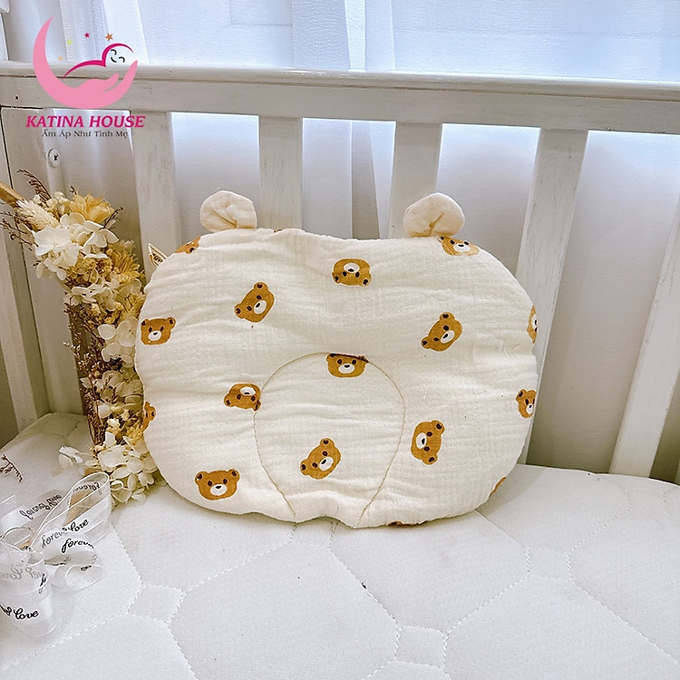 Gối sơ sinh 0-4 tháng, gối xô tai gấu đáng yêu, mềm mại thoáng mát