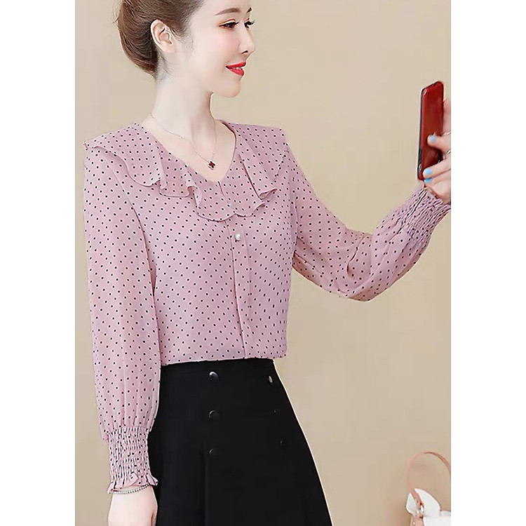 Áo Sơ Mi Nữ Áo Nữ Áo Kiểu Cổ Bèo Chấm Bi (42-65kg) - N617