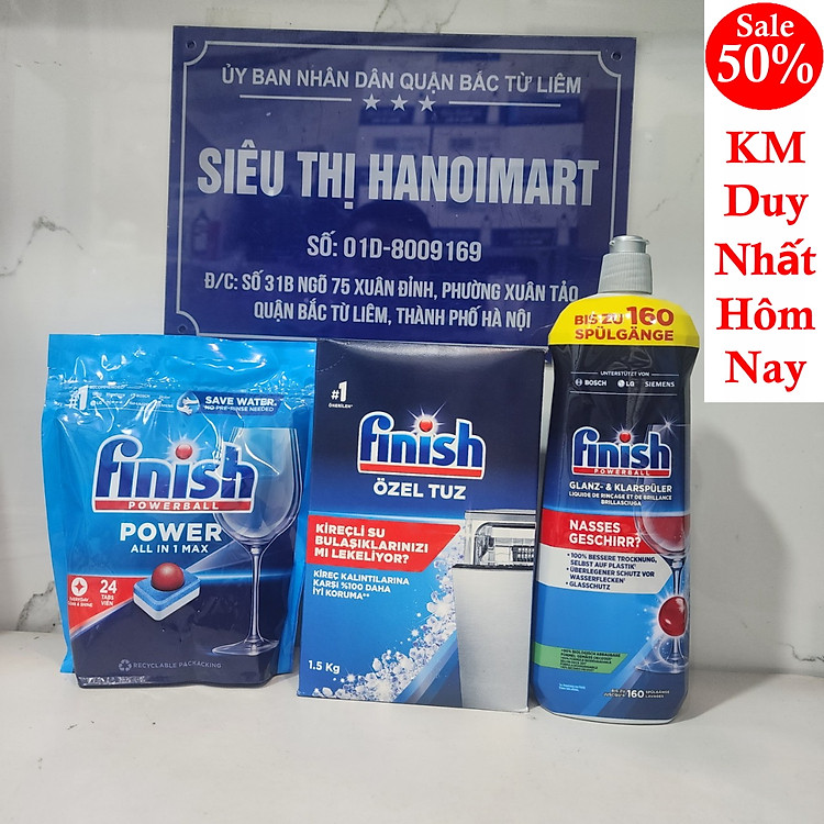 Combo 48 Viên rửa bát Finish all in 1 + Muối Finish 1.5kg + Nước làm bóng finish 1150ml