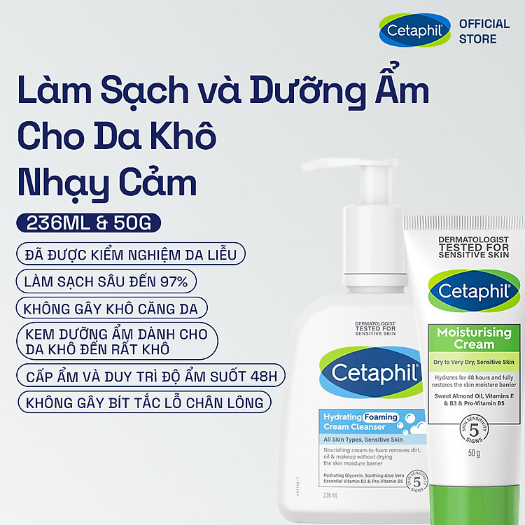 Combo Sữa Rửa Mặt Tạo Bọt Cetaphil Hydrating Foaming Cream Cleanser 236ml + Kem dưỡng ẩm CETAPHIL MOISTURISING CREAM 50G