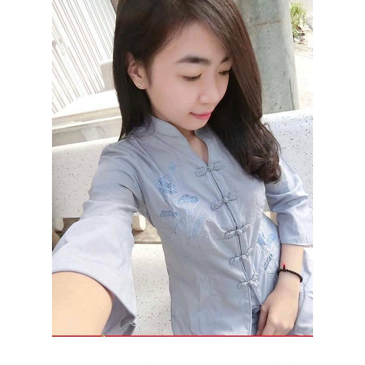 Áo Lam Đi Chùa - Bộ Cổ Tàu Thêu Sen Màu Lam