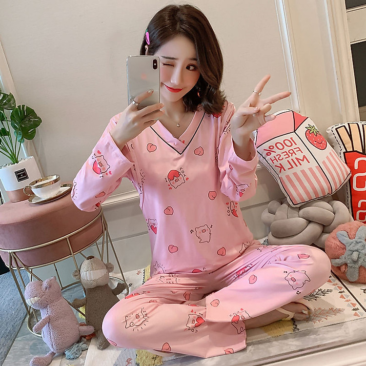 Bộ đồ sau sinh cho con bú dài tay, chất thun co giãn 4 chiều, họa tiết dễ thương