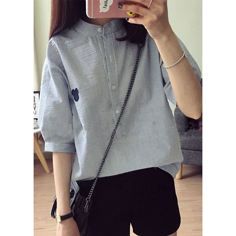Sơ mi cổ trụ kẻ sọc tay lỡ freesize Haint Boutique S187