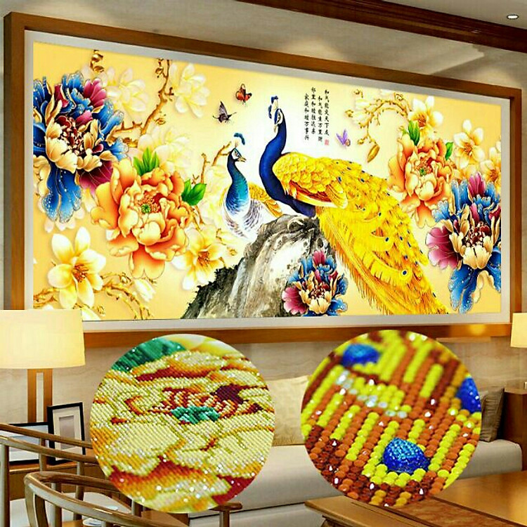 Tranh đính đá KHỔNG TƯỚC PHÚ QUÝ (182×73cm) DF177 chưa dinh