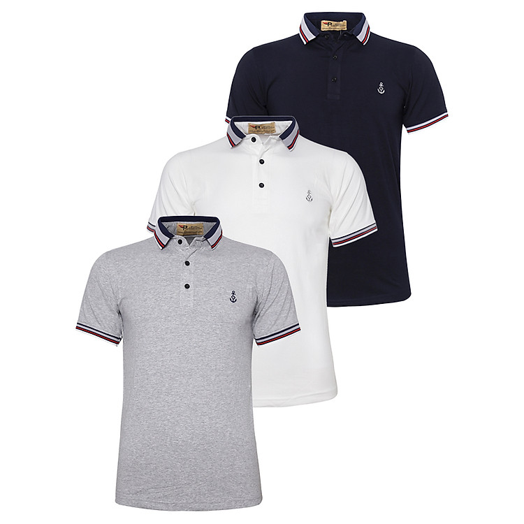 Bộ 3 Áo thun polo nam cổ bẻ phối bo AHT07 (Trắng, xám, xanh đen)