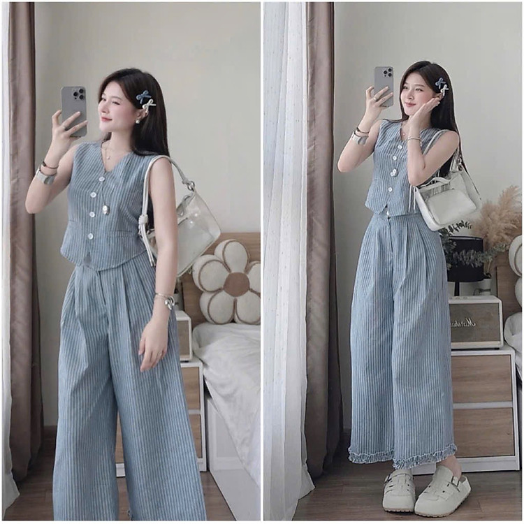 Set đồ nữ sọc xanh -áo sát nách kèm quần ống rộng đi chơi siêu xinh